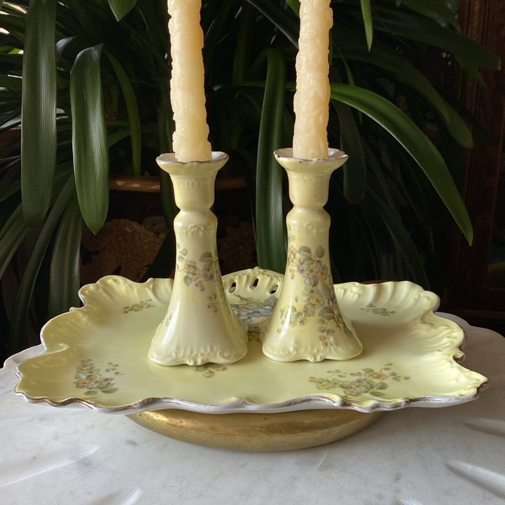 3 Piece Antique Porcelain Vanity Dresser Set - Taper Candlestick Holders + Tray